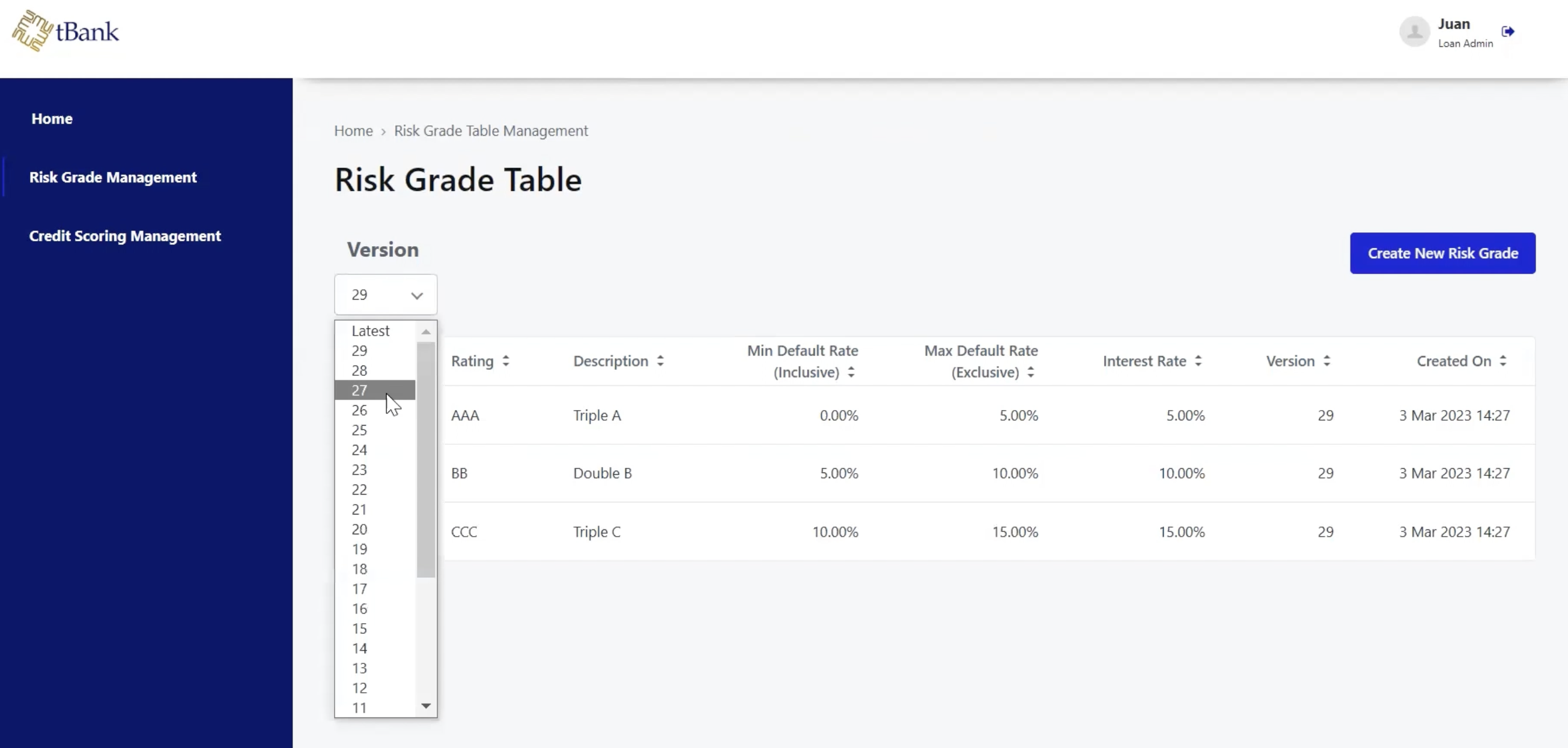 Risk Grade Table Versioning